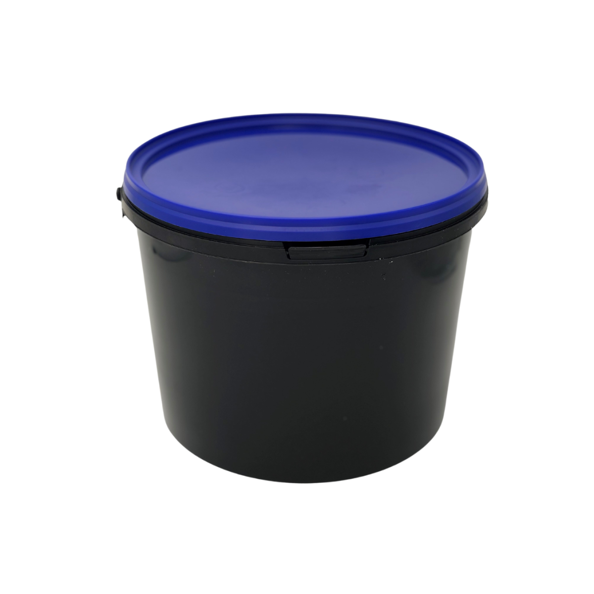 Empty bucket, black with a blue lid, 10.9 liters.