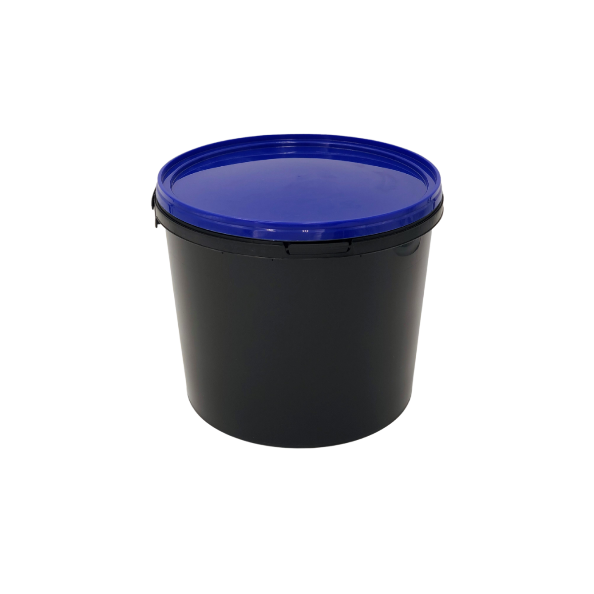 Empty bucket, black with a blue lid, 5.5 liters.